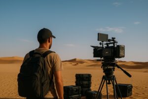 Tunisia film fixer overseeing equipment setup in the Sahara Desert during golden hour, preparing for an international shoot