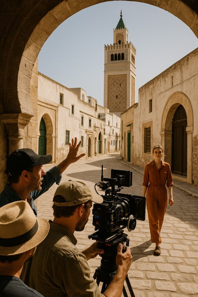 Tunisia Film Production Guide scene filmed in the medina with crew and actress on location