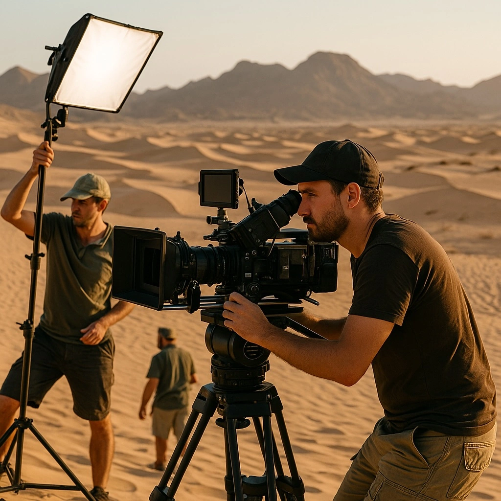 Film crew shooting in a desert landscape.
